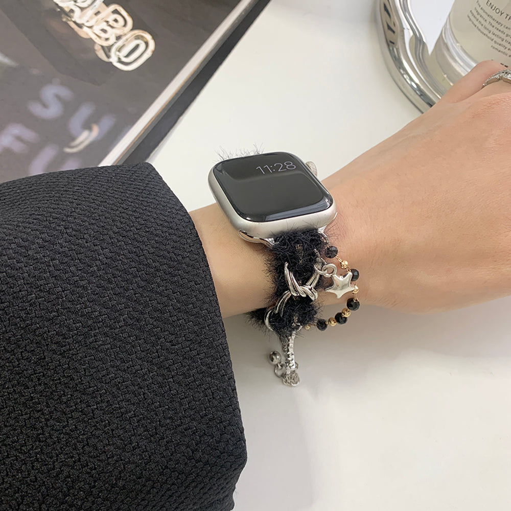 For Apple Watch Series 9 8 7 41mm / 6 5 4 SE (2022) SE (2023) SE 40mm / 3 2 1 38mm Adjustable Plush Watch Strap - Black+Silver For Apple Watch Series 9 8 7 41mm / 6 5 4 SE (2022) SE (2023) SE 40mm / 3 2 1 38mm Adjustable Plush Watch Strap - Black+Silver
